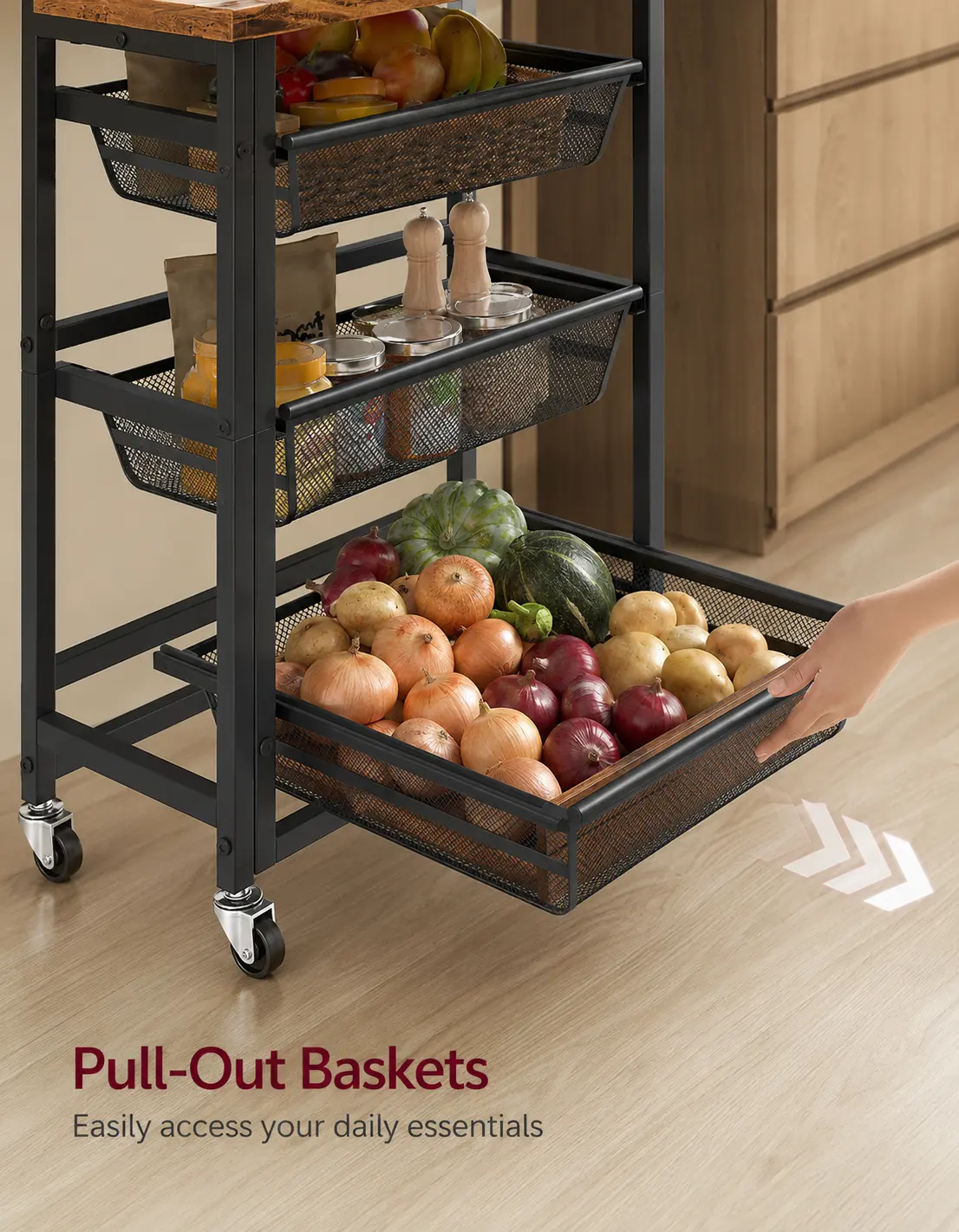 Close-up of a pull-out mesh basket sliding open with vegetables inside