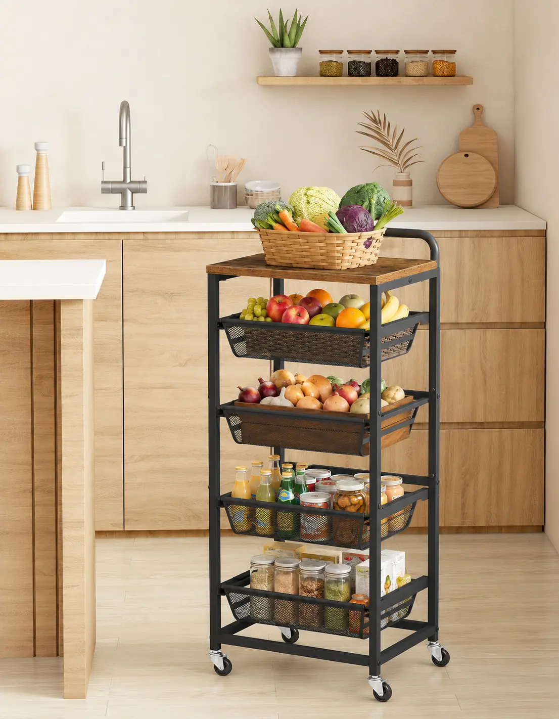 Storage cart in use in a modern kitchen, holding fruit, jars and bottles